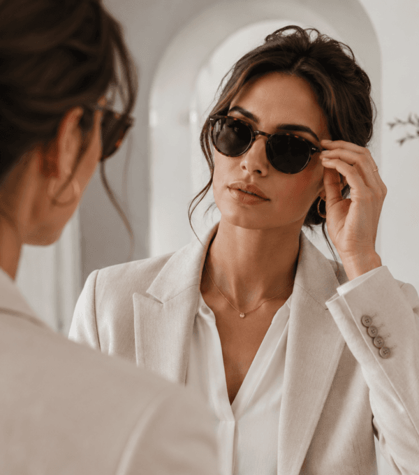 Persona probándose lentes de sol frente a un espejo como referencia para elegir lentes ideales según rostro y estilo.
