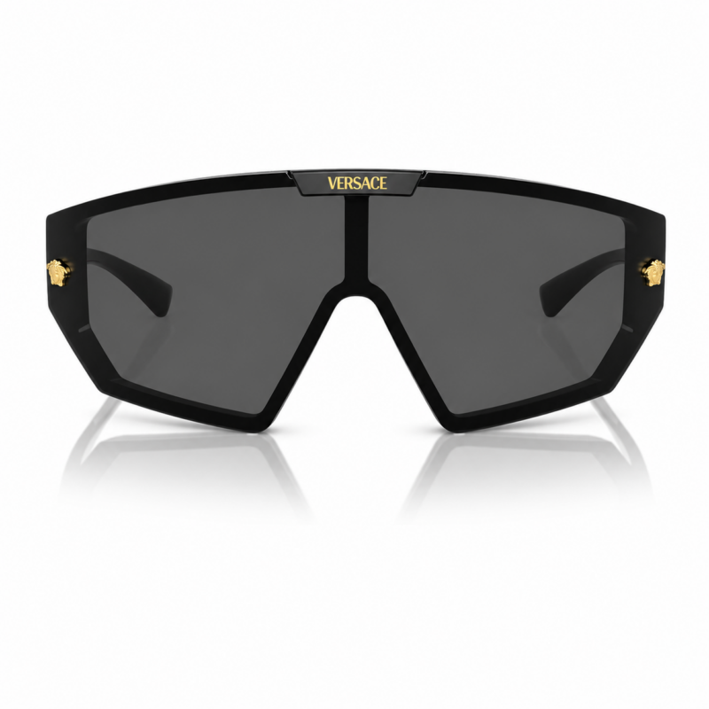 Versace VE4461 GB1/87 vista frontal con montura negra y lentes gris oscuro
