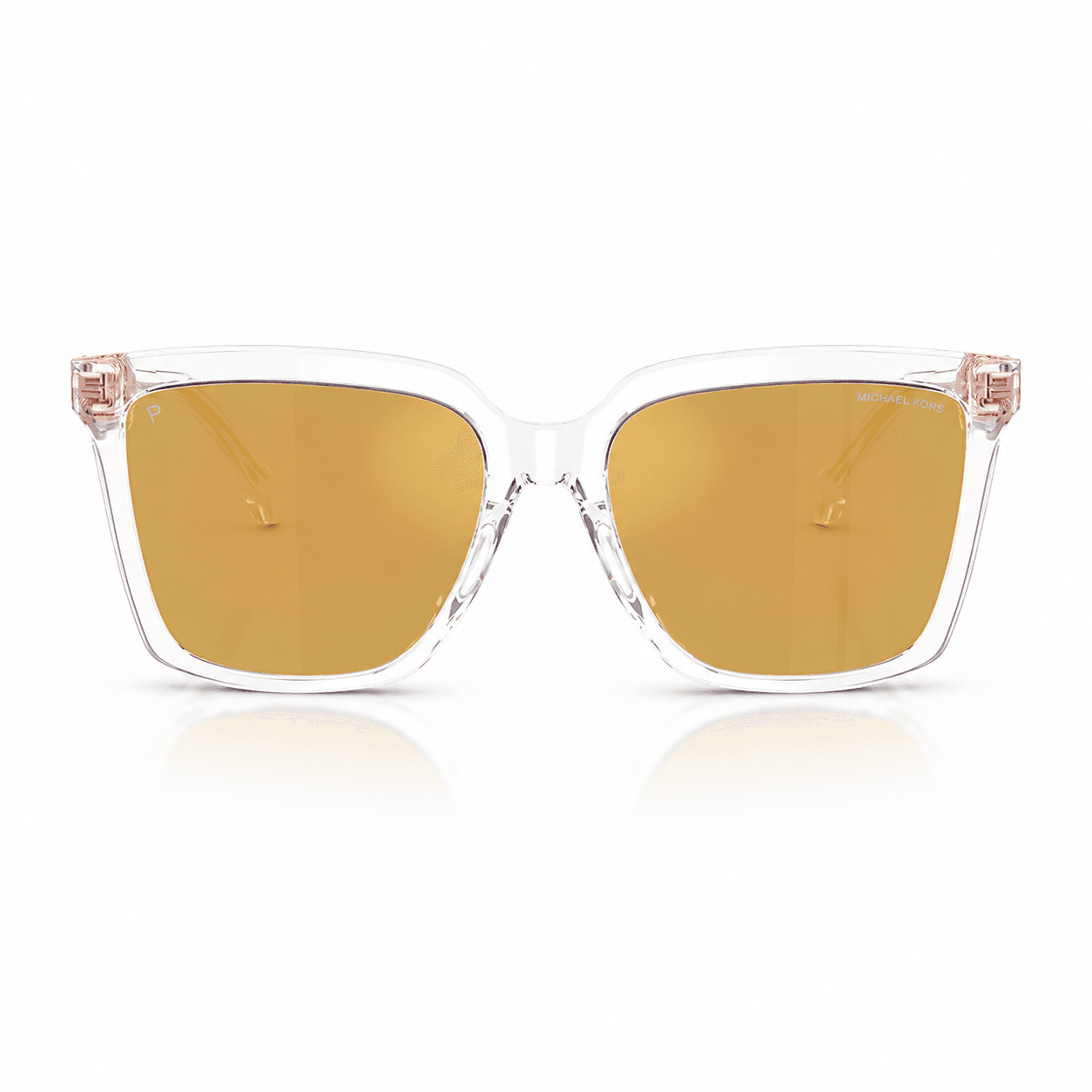 Lentes de sol Michael Kors MK2256U Menaggio vista frontal Lentes de sol Michael Kors MK2256U 3015N0 Menaggio en vista frontal, con montura transparente, detalles rosé y cristales dorados sobre fondo blanco.