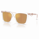 Lentes de sol Michael Kors MK2256U Menaggio en vista principal, con montura transparente, patillas rosé y cristales dorados sobre fondo blanco.