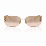 Lentes de sol Miu Miu MU A51S 5AK20P sin marco en vista frontal, con cristales rosados, puente dorado y detalles metálicos laterales sobre fondo blanco.