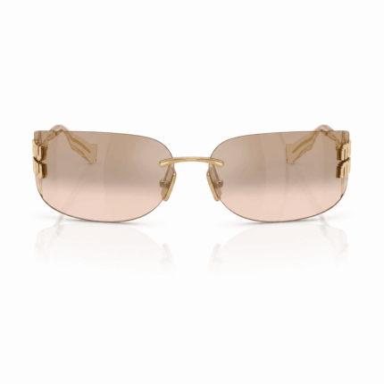 Lentes de sol Miu Miu MU A51S 5AK20P sin marco en vista frontal, con cristales rosados, puente dorado y detalles metálicos laterales sobre fondo blanco.