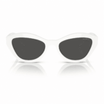 Lentes de sol Prada PR A02S 17K08Z blancos en vista frontal, con montura estilo cat eye, cristales oscuros y logo Prada sobre fondo blanco.