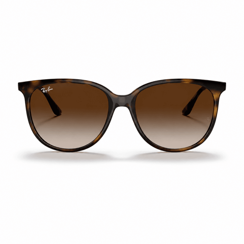 Lentes de sol Ray-Ban RB4378 710/13 en vista frontal, con montura carey, cristales marrón degradado y forma redondeada sobre fondo blanco.
