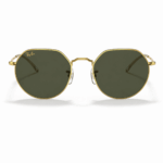 Lentes de sol Ray-Ban RB3565 919631 Jack en vista frontal, con montura metálica dorada, forma redonda geométrica y lentes verdes sobre fondo blanco.