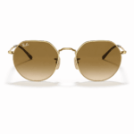 Lentes de sol Ray-Ban RB3565 001/51 Jack en vista frontal, con montura metálica dorada, forma redonda-geométrica y cristales marrón degradado sobre fondo blanco.