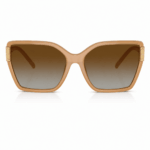 Lentes de sol Tory Burch TY9076U 1965T5 beige en vista frontal, con montura amplia, cristales marrón degradado y detalles dorados sobre fondo blanco.