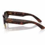 Lentes de sol Ray-Ban con montura carey sobre dorado y varillas carey en vista lateral sobre fondo blanco