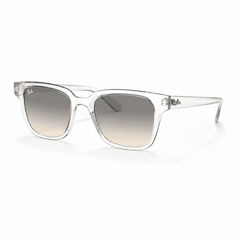 Lentes de sol Ray-Ban de marco transparente con lentes gris degradado en vista angular