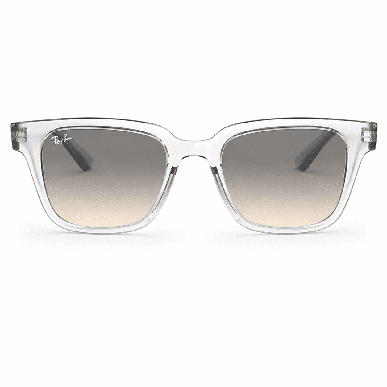 Lentes de sol Ray-Ban con marco transparente y lentes gris degradado vista frontal Lentes de sol Ray-Ban RB4323 6447/32 de marco transparente con lentes gris degradado en vista frontal