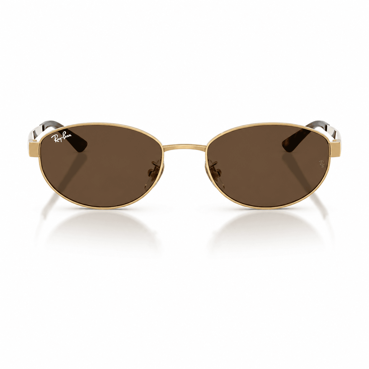 Lentes de sol Ray-Ban de metal dorado con lentes café vista frontal Lentes de sol Ray-Ban RB3774D 001/73 con montura metálica dorada y lentes café, vista frontal sobre fondo blanco