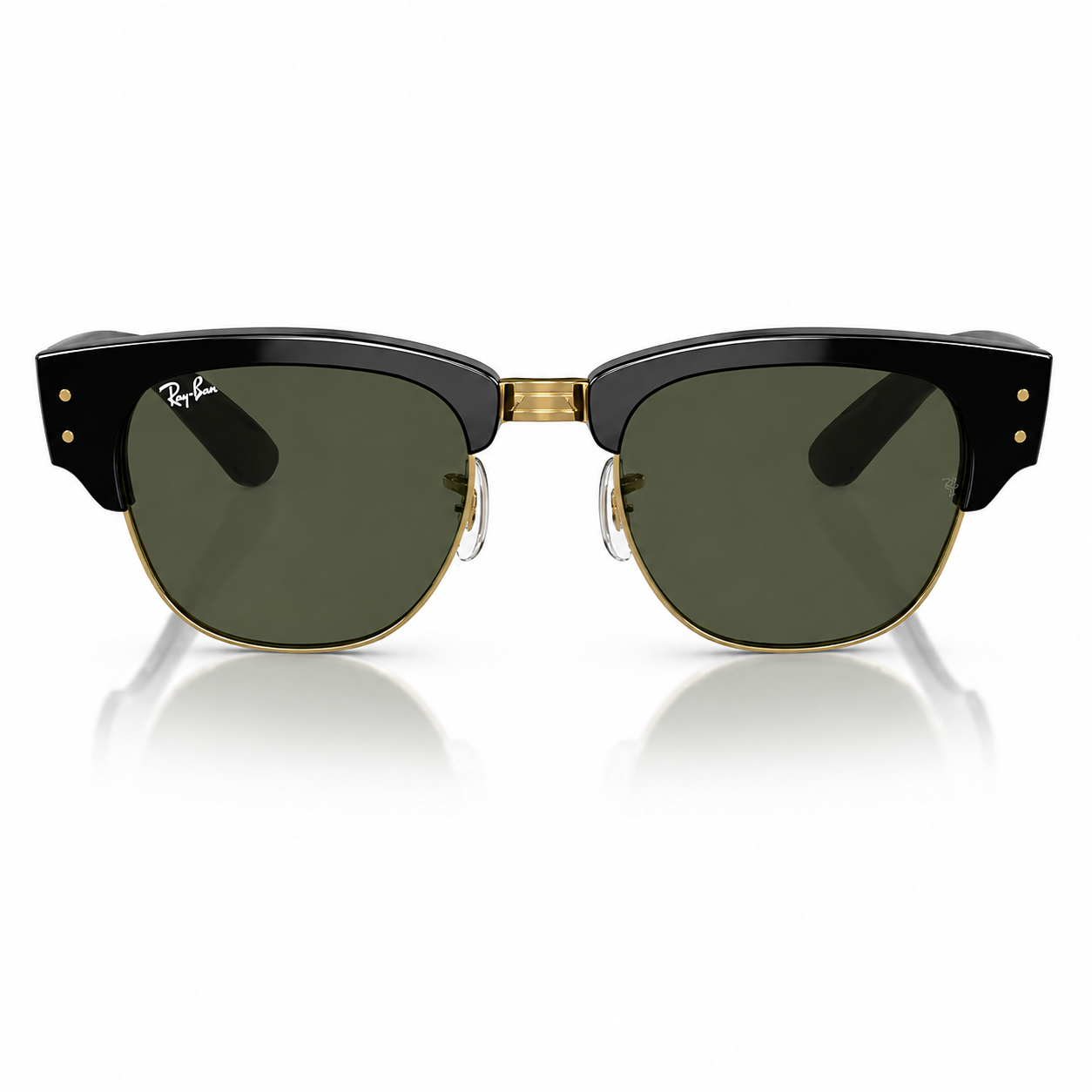 Lentes de sol Ray-Ban negros con detalles dorados y cristales verdes – vista frontal Lentes de sol Ray-Ban RB0316S 901/31 con montura negra, detalles dorados y cristales verdes, mostrados en vista frontal sobre fondo blanco.