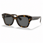 Ray-Ban RB2186 1292/B1 con diseño cuadrada, montura carey oscura y lentes gris oscuro, vista angular sobre fondo blanco.