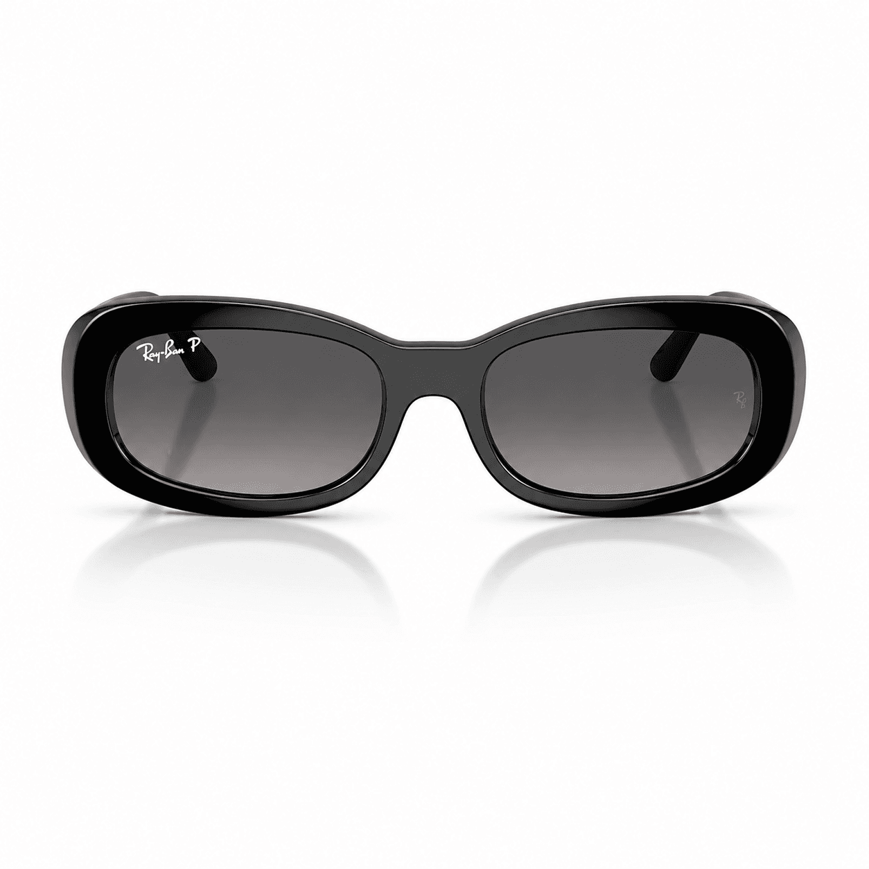 Lentes de sol Ray-Ban RB2221 901/M3 vista frontal Ray-Ban RB2221 901/M3 con montura negra y lentes gris polarizado, vista frontal sobre fondo blanco.