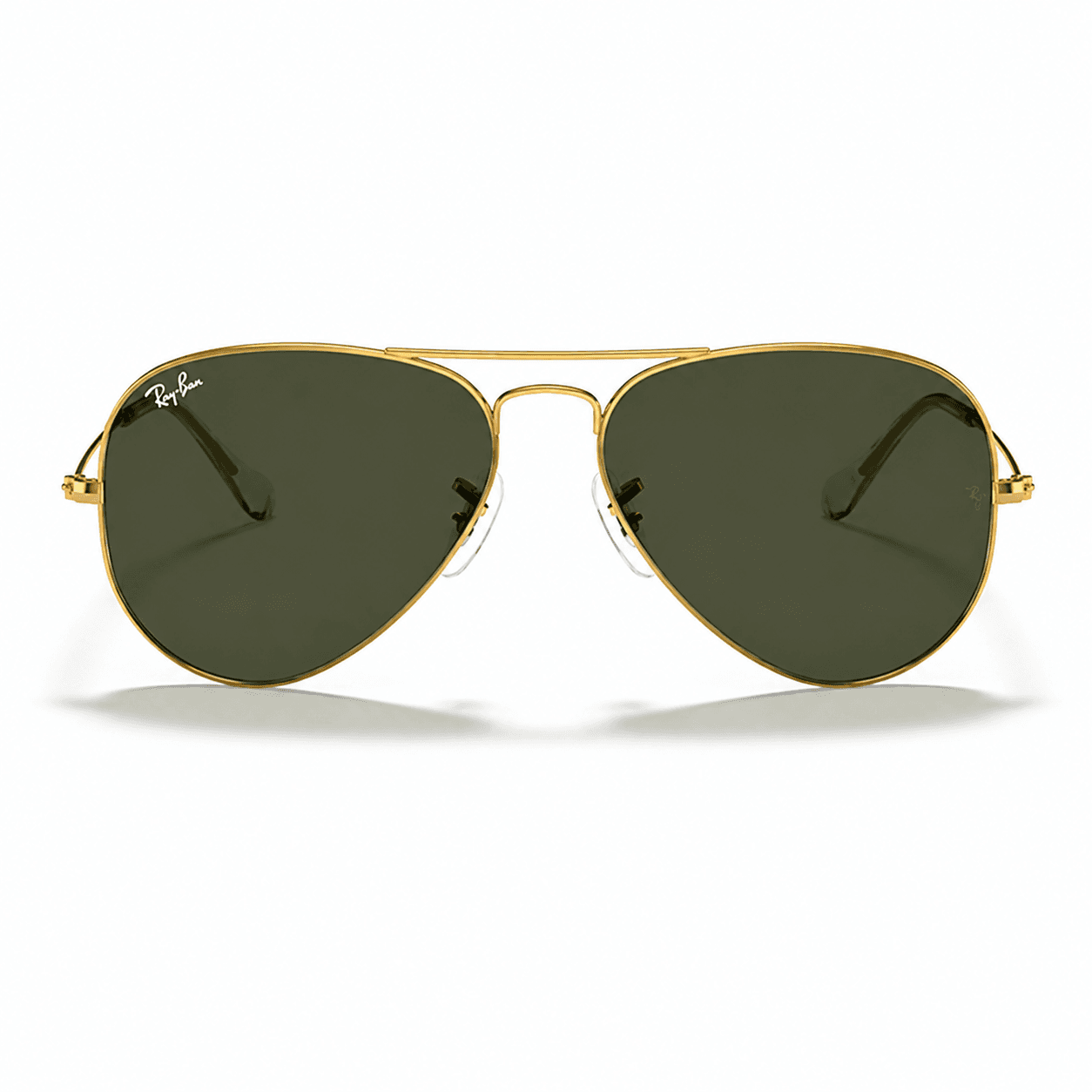Lentes de sol Ray-Ban RB3025 L0205 vista frontal Lentes de sol Ray-Ban RB3025 L0205 con montura pulido oro arista y cristales g-15 verde, vista frontal sobre fondo blanco.