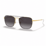 Ray-Ban RB3588 9054/8G con diseño redonda, montura dorada y lentes gris degradado, vista angular sobre fondo blanco.