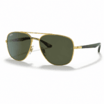 Ray-Ban RB3683 001/31 lentes de sol con diseño redonda, montura oro arista y cristales verde g-15, vista angular sobre fondo blanco.