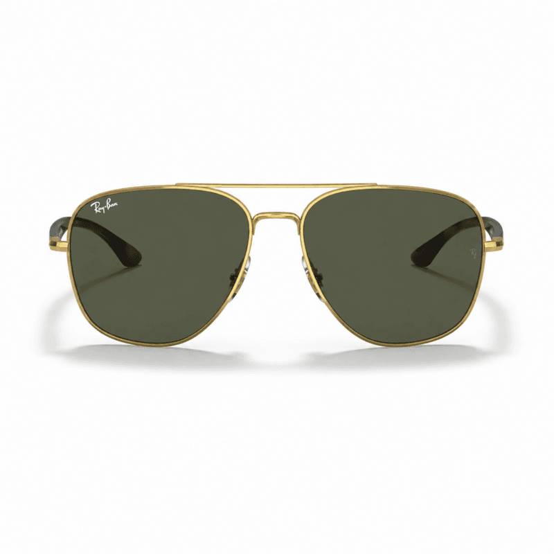 Ray-Ban RB3683 001/31 lentes de sol con montura oro arista y cristales verde g-15, vista frontal sobre fondo blanco.