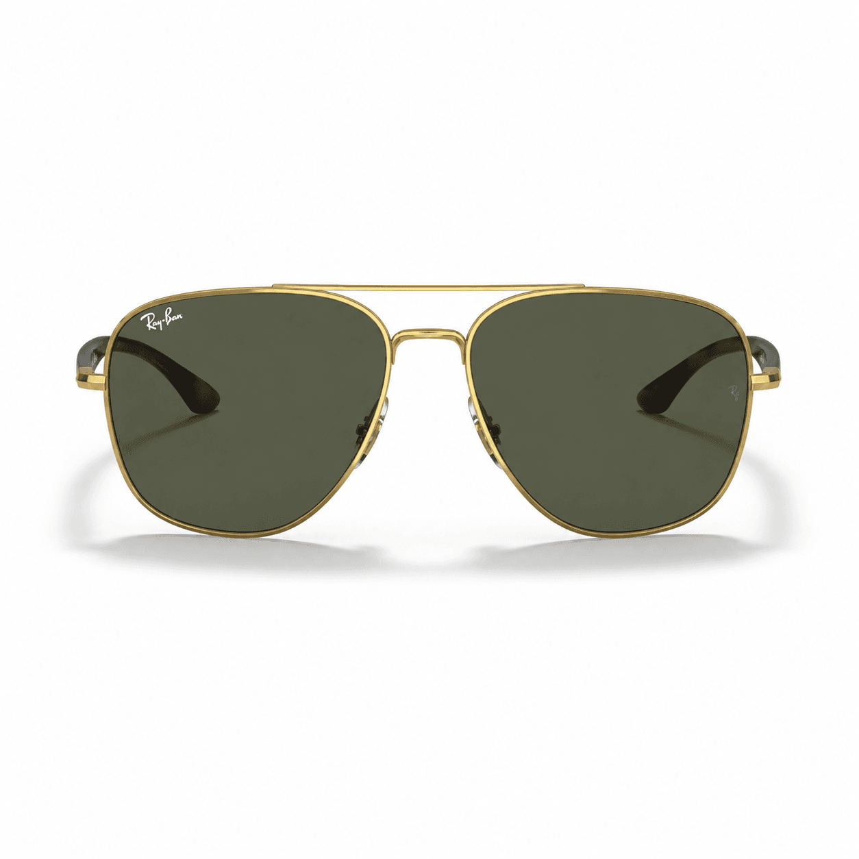 Lentes de sol Ray-Ban RB3683 001/31 oro arista con cristales verde g-15 vista frontal Ray-Ban RB3683 001/31 lentes de sol con montura oro arista y cristales verde g-15, vista frontal sobre fondo blanco.
