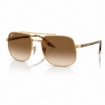 Lentes de sol Ray-Ban RB3699 001/51 con diseño irregular, montura pulido oro arista y cristales marrón degradado, vista angular sobre fondo blanco.