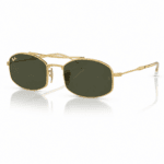Ray-Ban RB3719 001/31 lentes de sol con diseño rectangular, montura oro arista y cristales verde g-15, vista angular sobre fondo blanco.