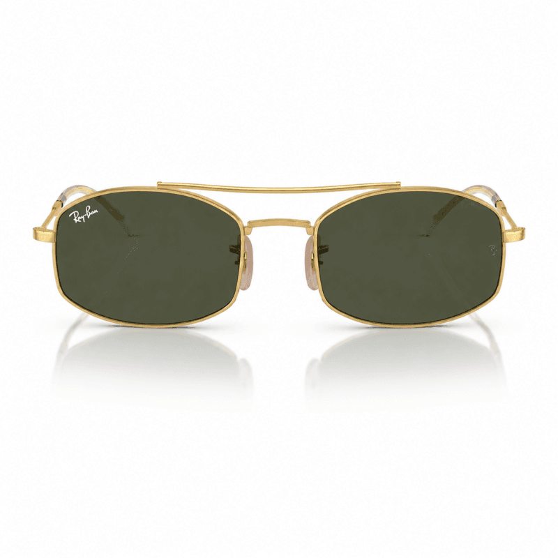Ray-Ban RB3719 001/31 lentes de sol con montura oro arista y cristales verde g-15, vista frontal sobre fondo blanco.