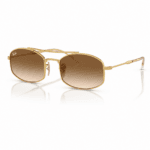 Ray-Ban RB3719 001/51 lentes de sol con diseño rectangular, montura oro arista y cristales marrón claro degradado, vista angular sobre fondo blanco.
