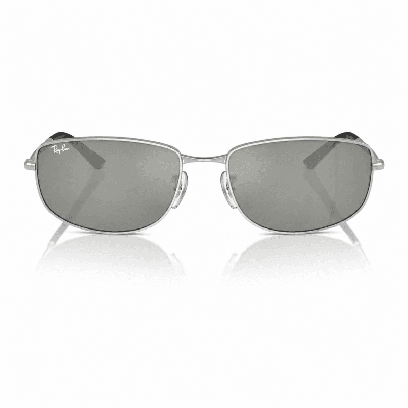 Ray-Ban RB3732 003/40 lentes de sol con montura plateado pulido y cristales verde y plata, vista frontal sobre fondo blanco.