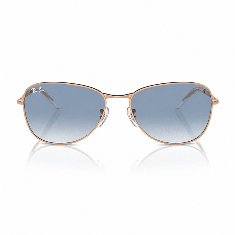 Ray-Ban RB3733 9202/3F con montura dorada y lentes azul degradado, vista frontal sobre fondo blanco.