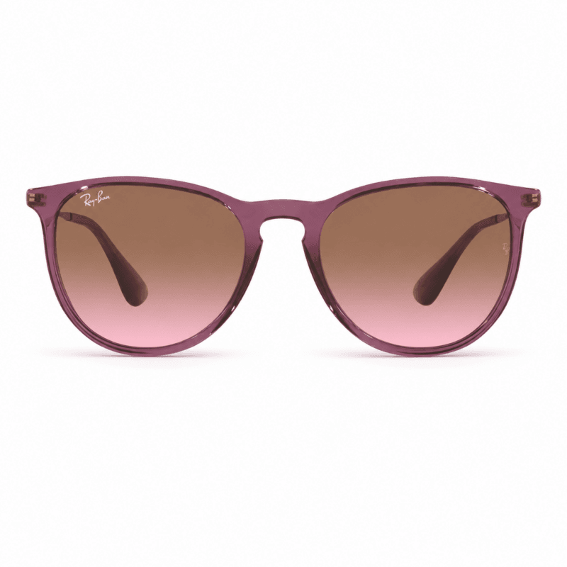 Ray-Ban RB4171 6591/14 lentes de sol con montura violeta transparente / rubber violet y cristales marrón rosado degradado, vista frontal sobre fondo blanco.
