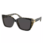 Michael Kors MK2199 395087 con montura negra y carey ámbar y lentes gris oscuro, vista diagonal sobre fondo blanco.