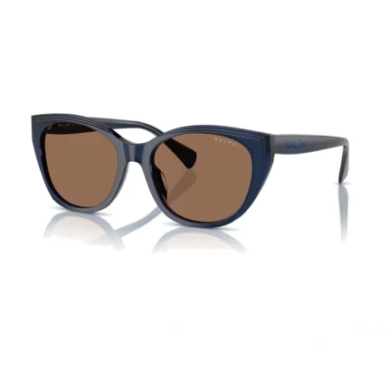 Ralph RA5324U 6059/73 con montura azul transparente opalescente y lentes marrón, vista diagonal sobre fondo blanco.