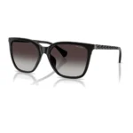 Ralph RA5328U 5001T3 con montura negro brillante y lentes gris degradado polarizado, vista lateral sobre fondo blanco.