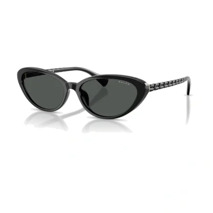 Ralph RA5338U 5001/87 con montura negro brillante y lentes gris, vista diagonal sobre fondo blanco.